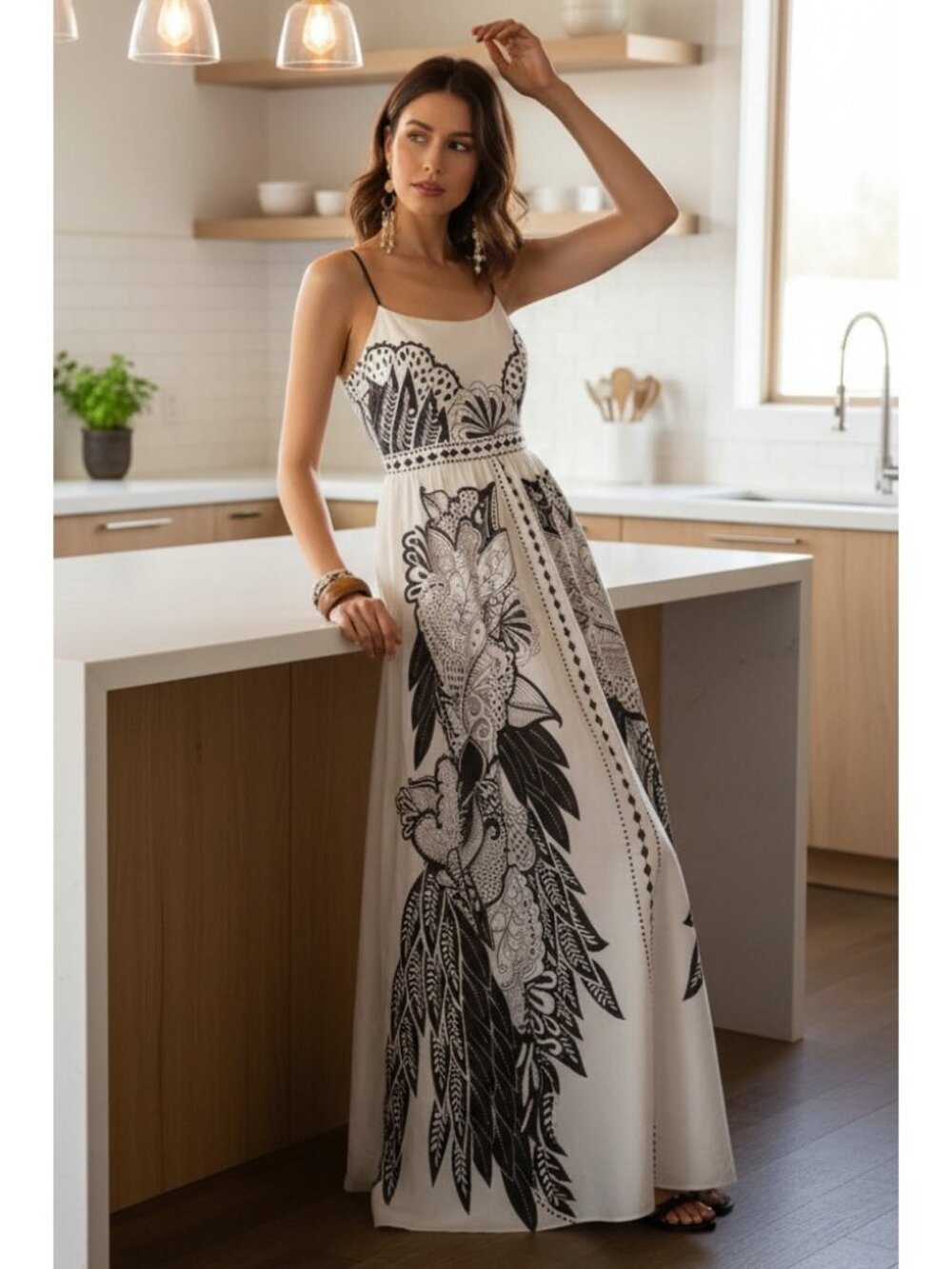 Riviera Island Scoop Neck Smocked Back A-line Boho Spaghetti Cami Maxi Dress